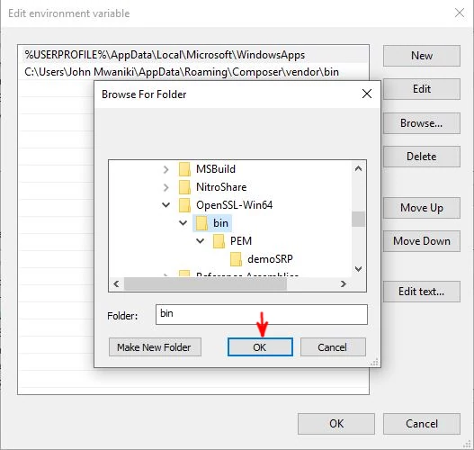 Selecting OpenSSL bin folder